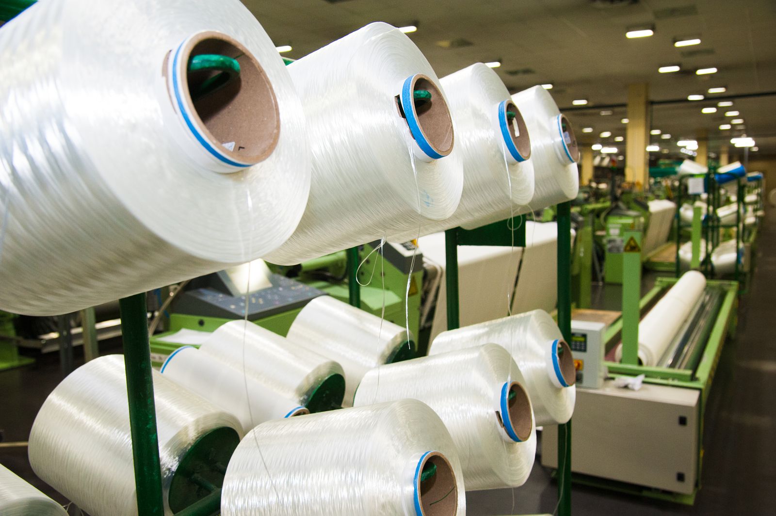 Yarn spindles on production line